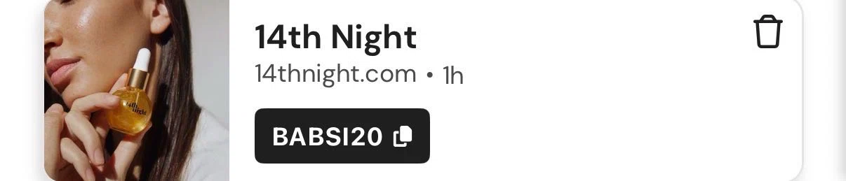 14th night promo code screenshot showing code BABSI20 applied at 14th night checkout page. Uploaded by SimplyCodes community member WiseLegend2616 on Dec 31, 2025