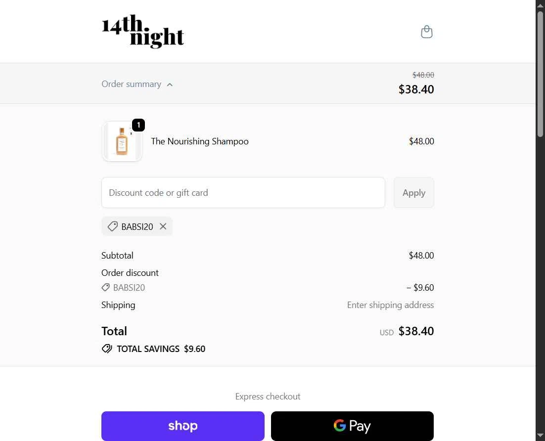 14th night checkout page showing 14th night promo code box | Screenshot taken by SimplyCodes community member on Jan 5, 2026