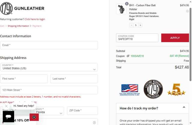 1791 Gunleather checkout page showing 1791 Gunleather promo code box | Screenshot taken by SimplyCodes community member on Jul 29, 2025