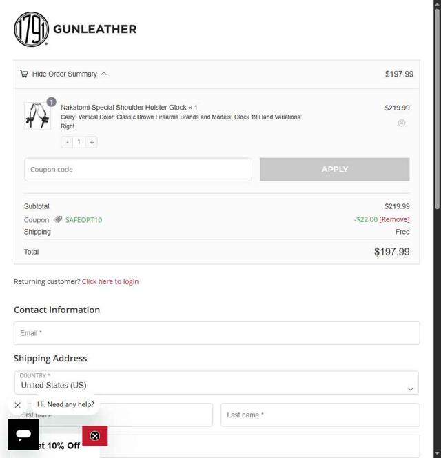 1791 Gunleather checkout page showing 1791 Gunleather promo code box | Screenshot taken by SimplyCodes community member on Aug 29, 2025
