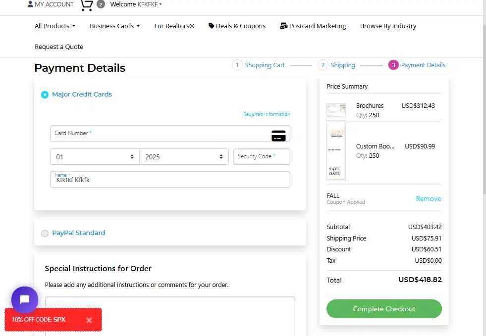 1800BusinessCards checkout page showing 1800BusinessCards promo code box | Screenshot taken by SimplyCodes community member on Sep 11, 2025