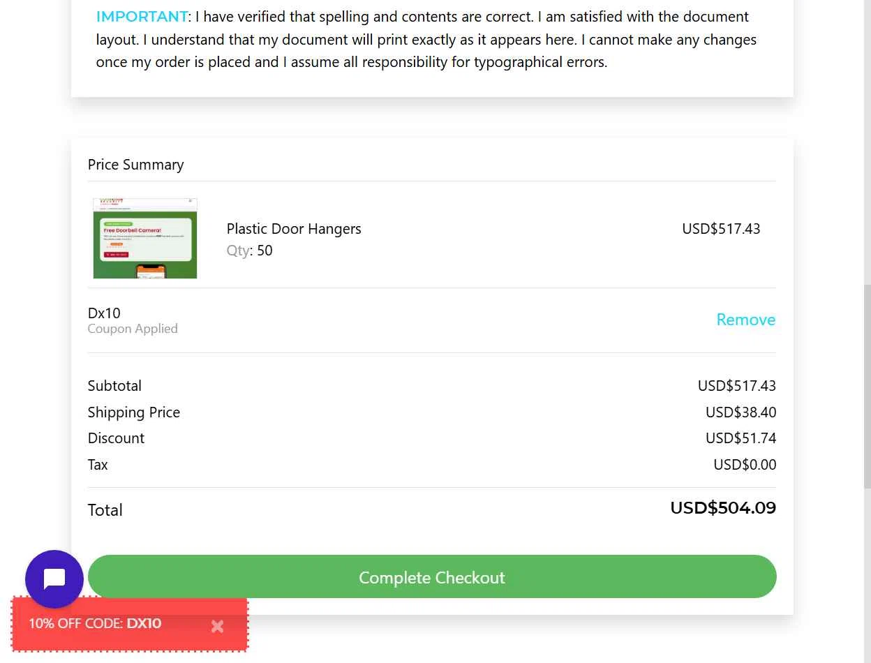 1800BusinessCards checkout page showing 1800BusinessCards promo code box | Screenshot taken by SimplyCodes community member on Jan 7, 2026