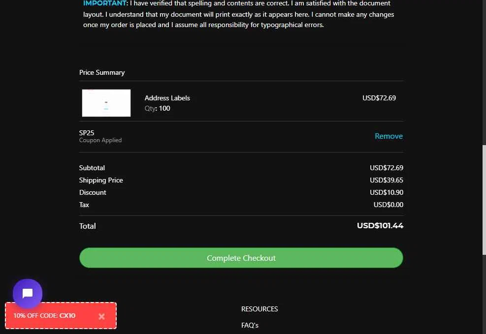 1800BusinessCards checkout page showing 1800BusinessCards promo code box | Screenshot taken by SimplyCodes community member on Apr 28, 2025