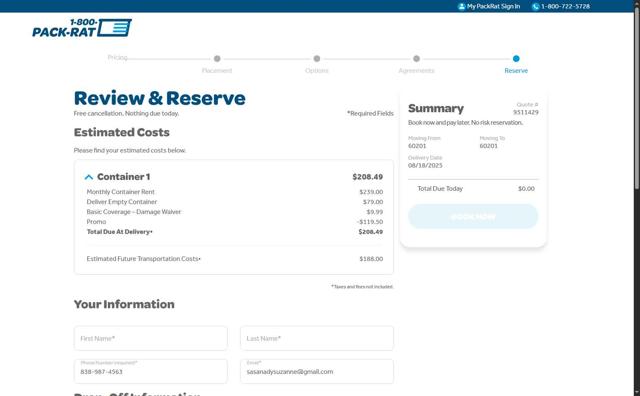 1-800-Pack-Rat checkout page showing 1-800-Pack-Rat promo code box | Screenshot taken by SimplyCodes community member on Jul 31, 2025