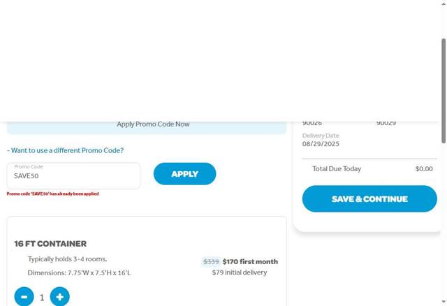 1-800-Pack-Rat checkout page showing 1-800-Pack-Rat promo code box | Screenshot taken by SimplyCodes community member on Jul 31, 2025