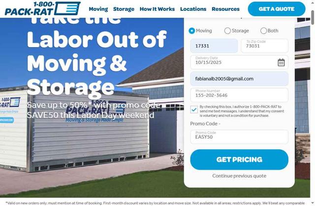 1-800-Pack-Rat checkout page showing 1-800-Pack-Rat promo code box | Screenshot taken by SimplyCodes community member on Sep 1, 2025