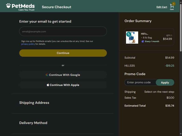 PetMeds checkout page showing PetMeds promo code box | Screenshot taken by SimplyCodes community member on Aug 22, 2025