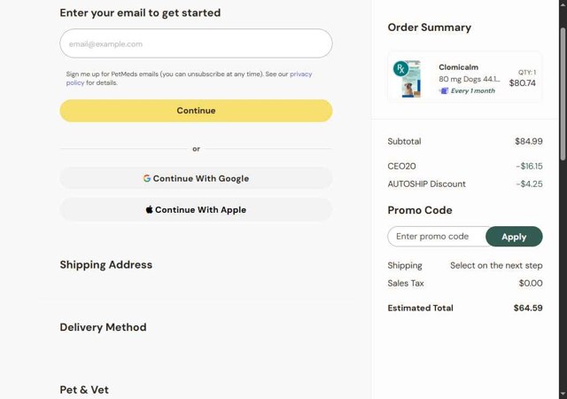 PetMeds checkout page showing PetMeds promo code box | Screenshot taken by SimplyCodes community member on Aug 27, 2025