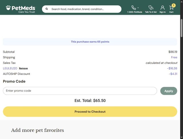 PetMeds checkout page showing PetMeds promo code box | Screenshot taken by SimplyCodes community member on Aug 27, 2025
