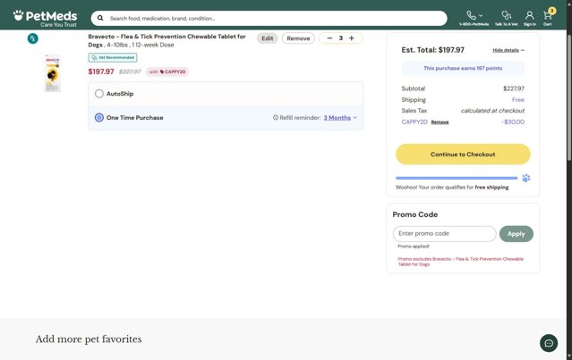 PetMeds checkout page showing PetMeds promo code box | Screenshot taken by SimplyCodes community member on Aug 26, 2025