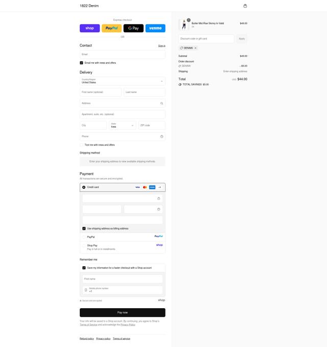 1822 Denim checkout page showing 1822 Denim promo code box | Screenshot taken by SimplyCodes community member on Sep 12, 2025