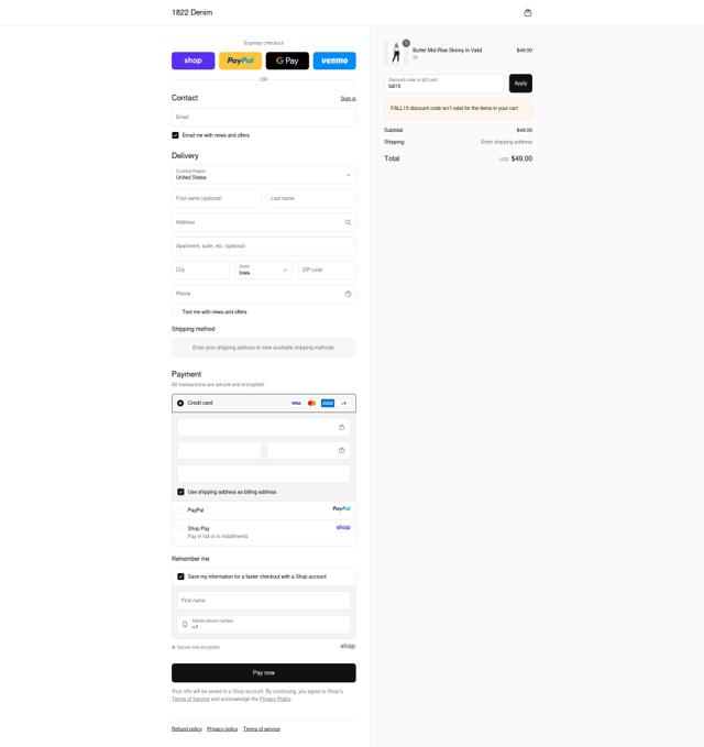 1822 Denim checkout page showing 1822 Denim promo code box | Screenshot taken by SimplyCodes community member on Sep 12, 2025