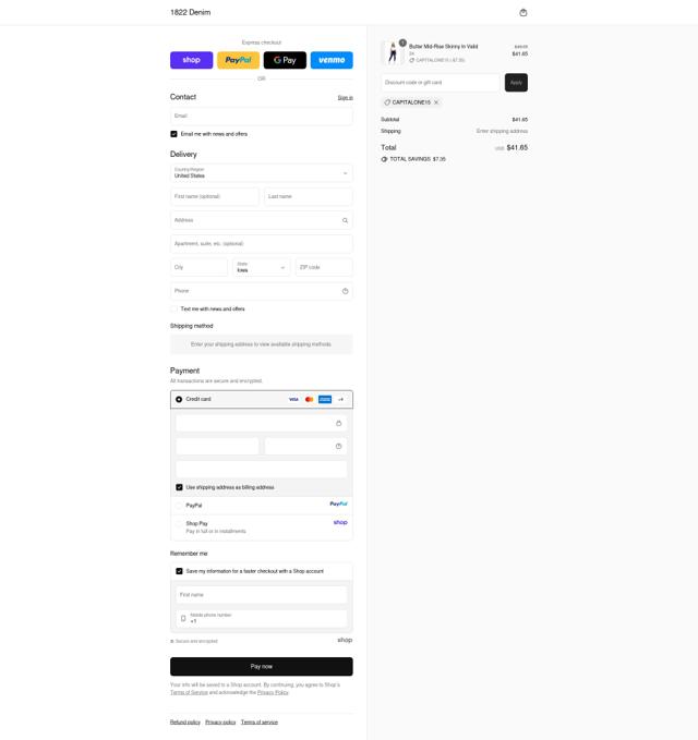 1822 Denim checkout page showing 1822 Denim promo code box | Screenshot taken by SimplyCodes community member on Sep 12, 2025