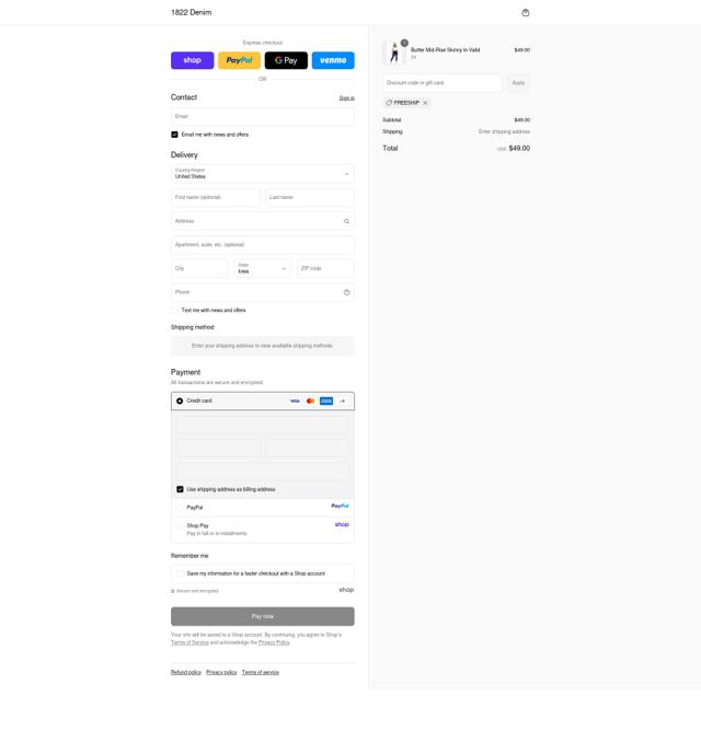1822 Denim checkout page showing 1822 Denim promo code box | Screenshot taken by SimplyCodes community member on Sep 12, 2025