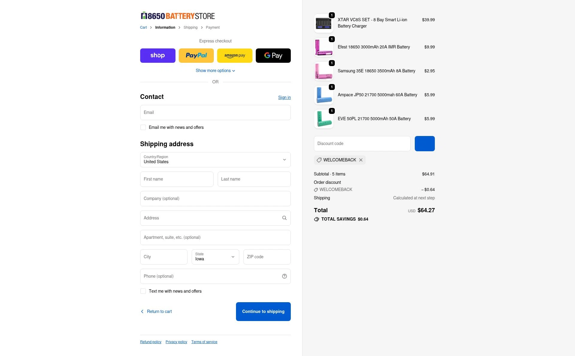 18650 Battery Store checkout page showing 18650 Battery Store discount code box | Screenshot taken by SimplyCodes community member on Jan 31, 2026