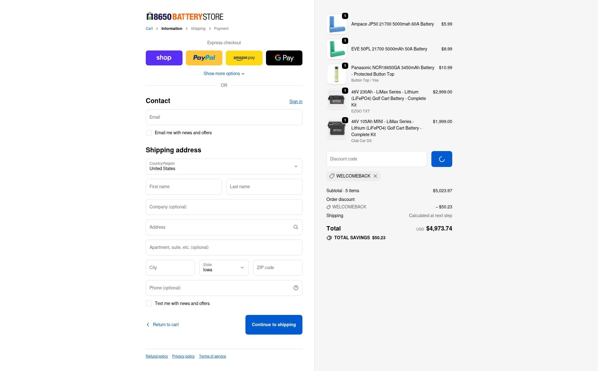 18650 Battery Store checkout page showing 18650 Battery Store discount code box | Screenshot taken by SimplyCodes community member on Jan 12, 2026