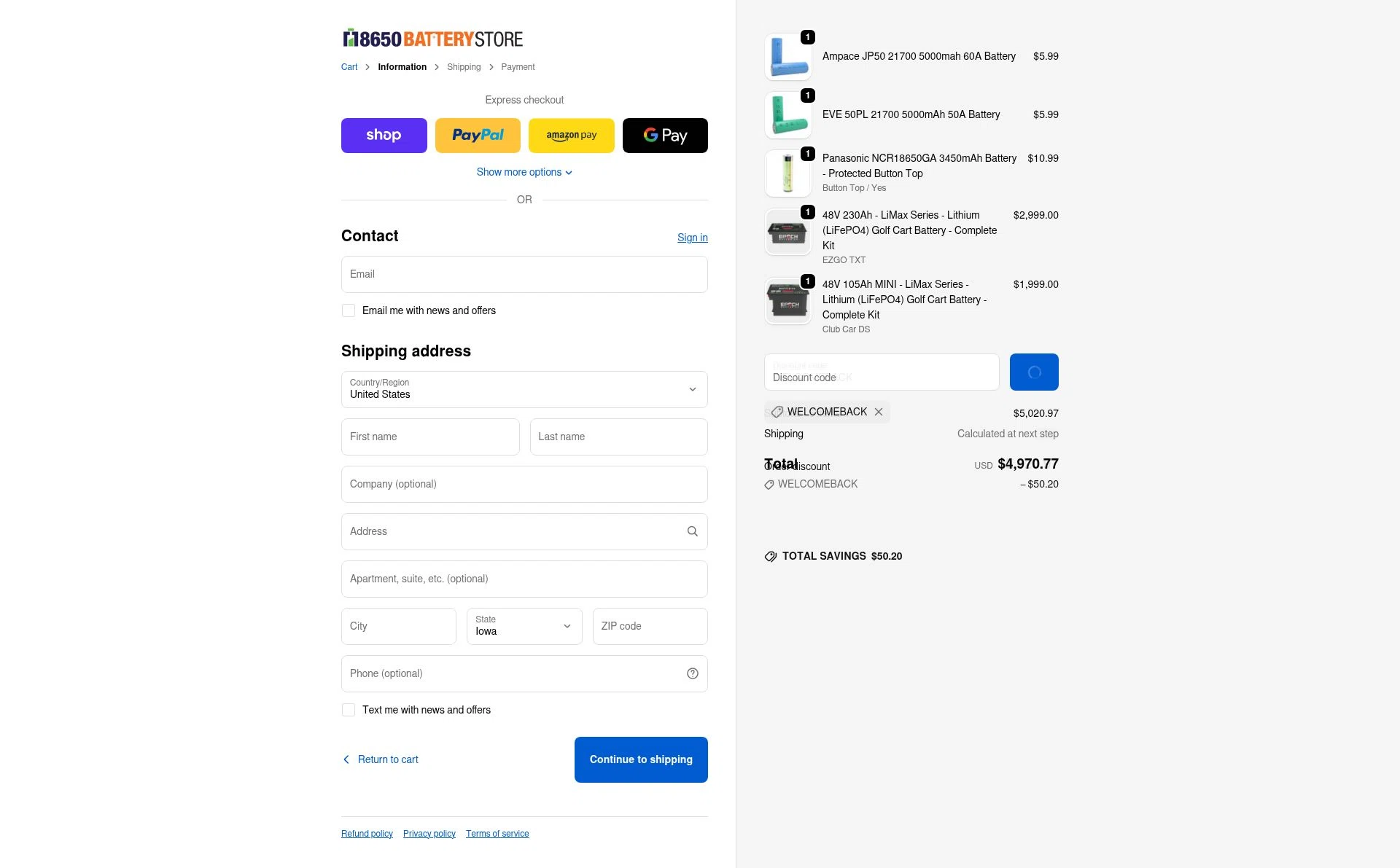 18650 Battery Store checkout page showing 18650 Battery Store discount code box | Screenshot taken by SimplyCodes community member on Jan 17, 2026