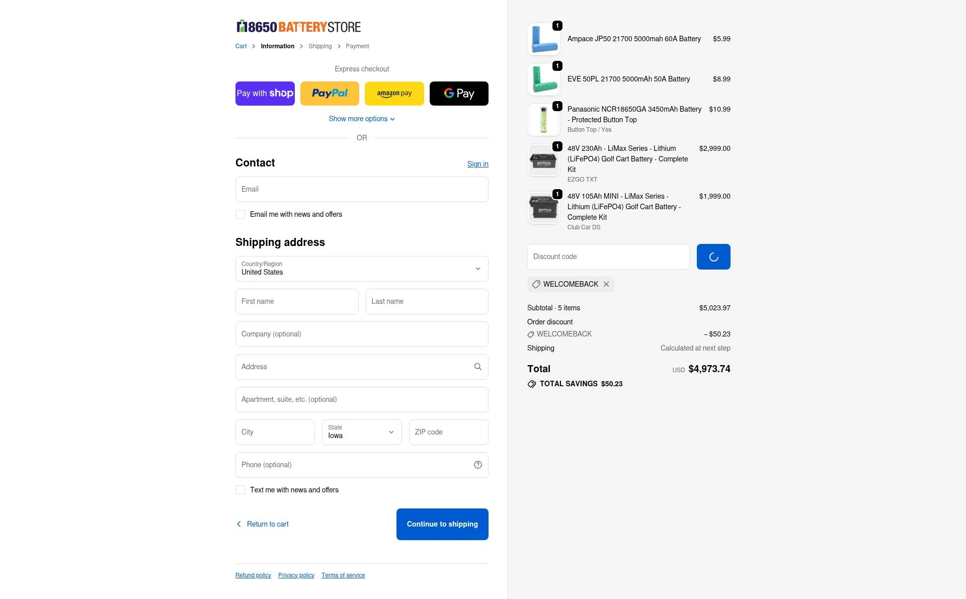 18650 Battery Store checkout page showing 18650 Battery Store discount code box | Screenshot taken by SimplyCodes community member on Jan 7, 2026