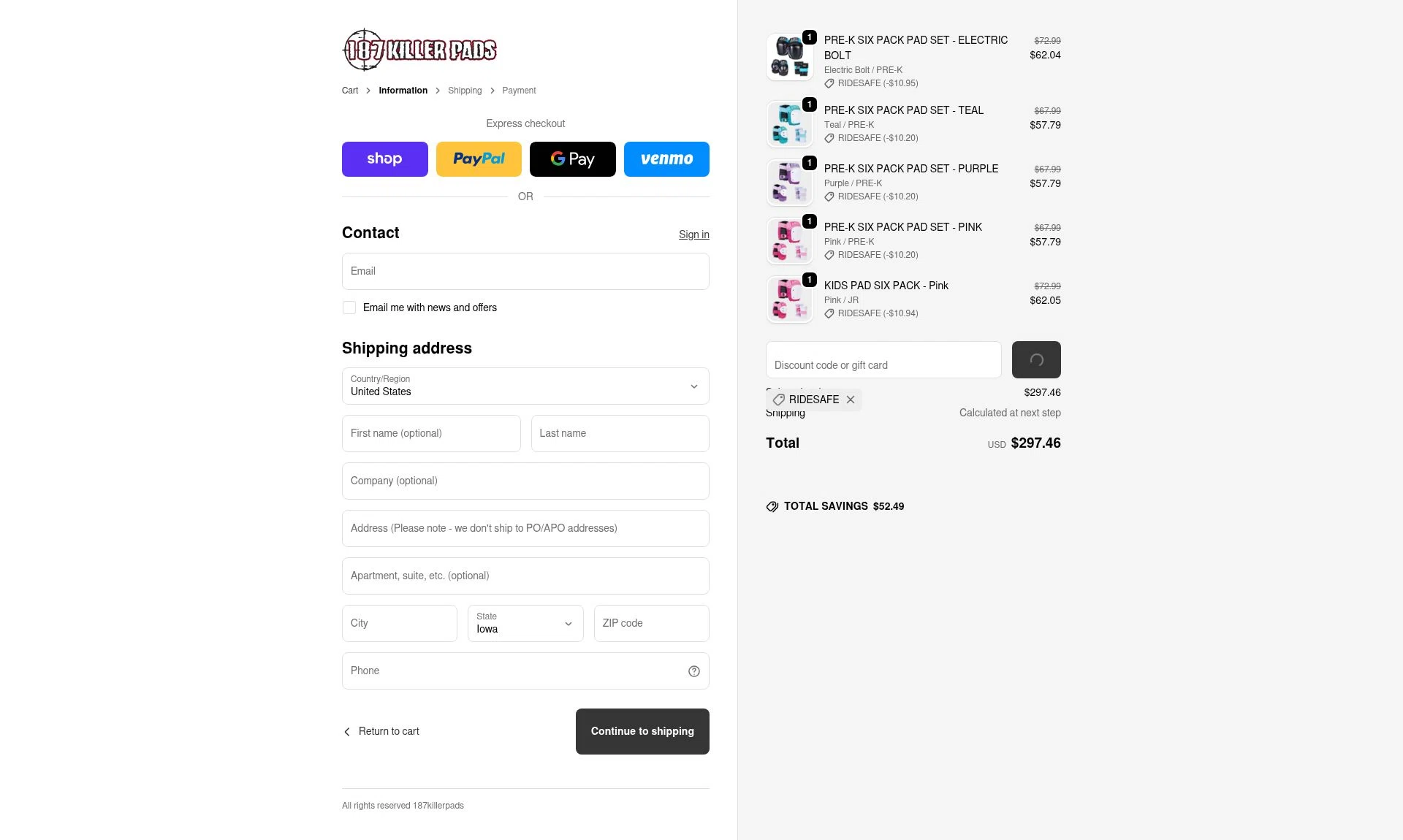 187 Killer Pads checkout page showing 187 Killer Pads discount code box | Screenshot taken by SimplyCodes community member on Feb 20, 2026