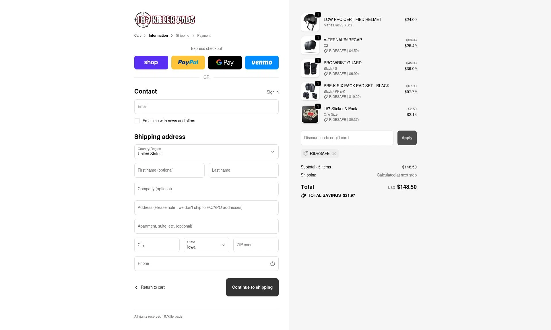 187 Killer Pads checkout page showing 187 Killer Pads discount code box | Screenshot taken by SimplyCodes community member on Feb 15, 2026