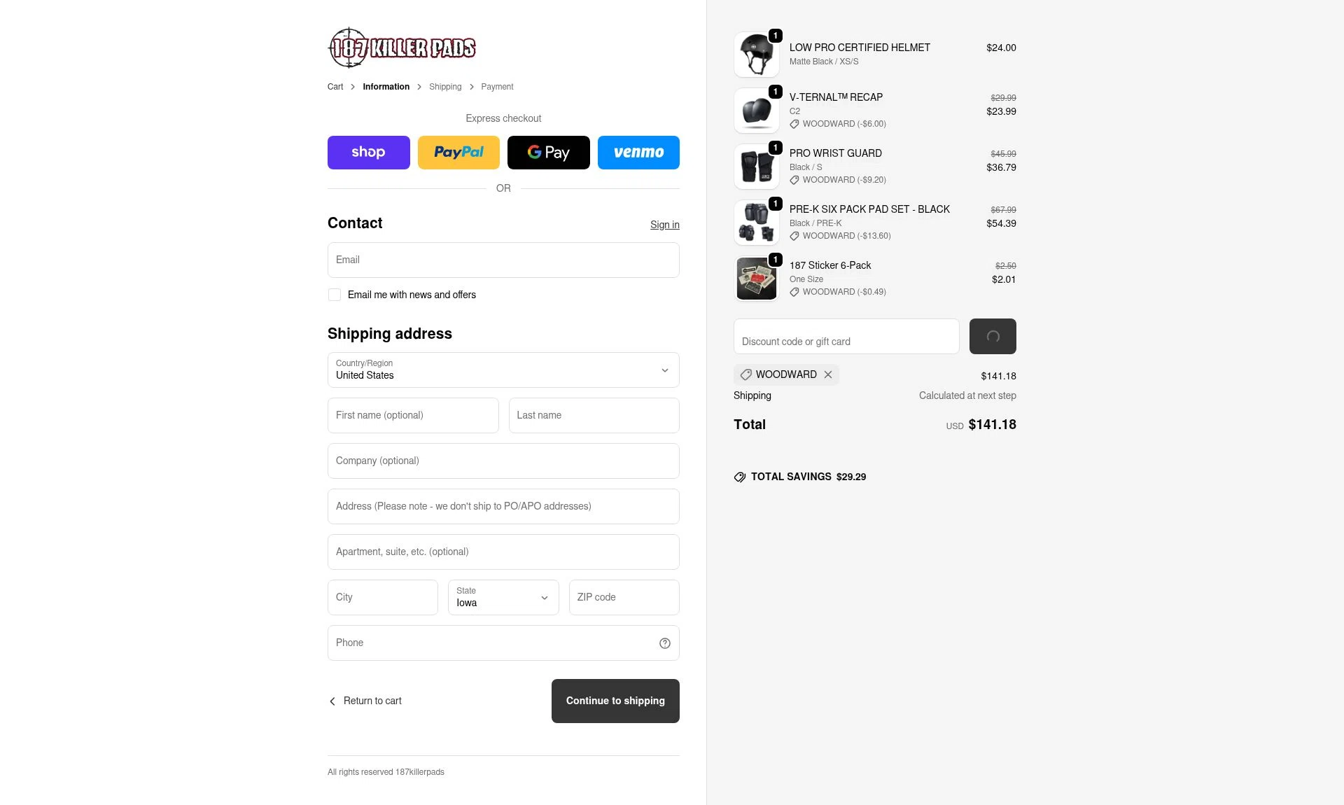 187 Killer Pads checkout page showing 187 Killer Pads discount code box | Screenshot taken by SimplyCodes community member on Feb 15, 2026