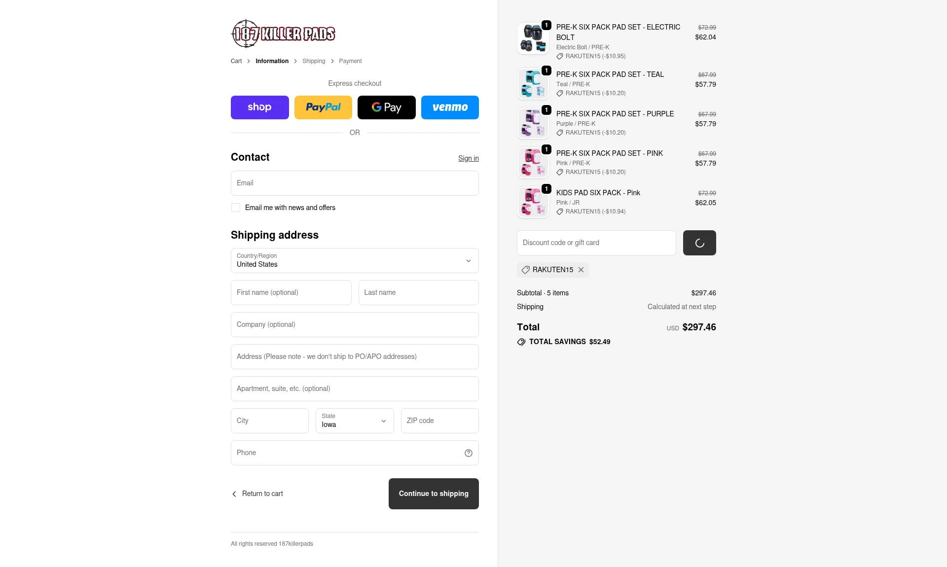 187 Killer Pads checkout page showing 187 Killer Pads discount code box | Screenshot taken by SimplyCodes community member on Feb 20, 2026