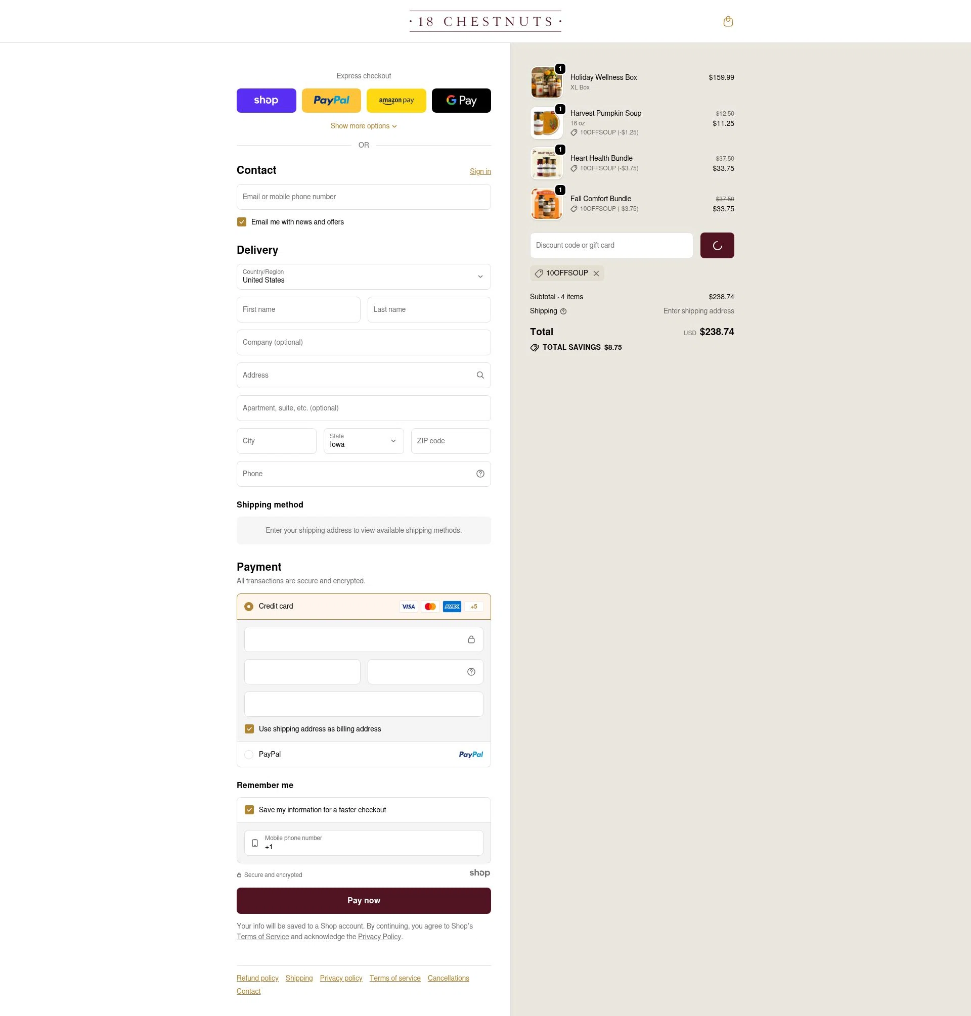 18 Chestnuts checkout page showing 18 Chestnuts coupon code box | Screenshot taken by SimplyCodes community member on Dec 29, 2025