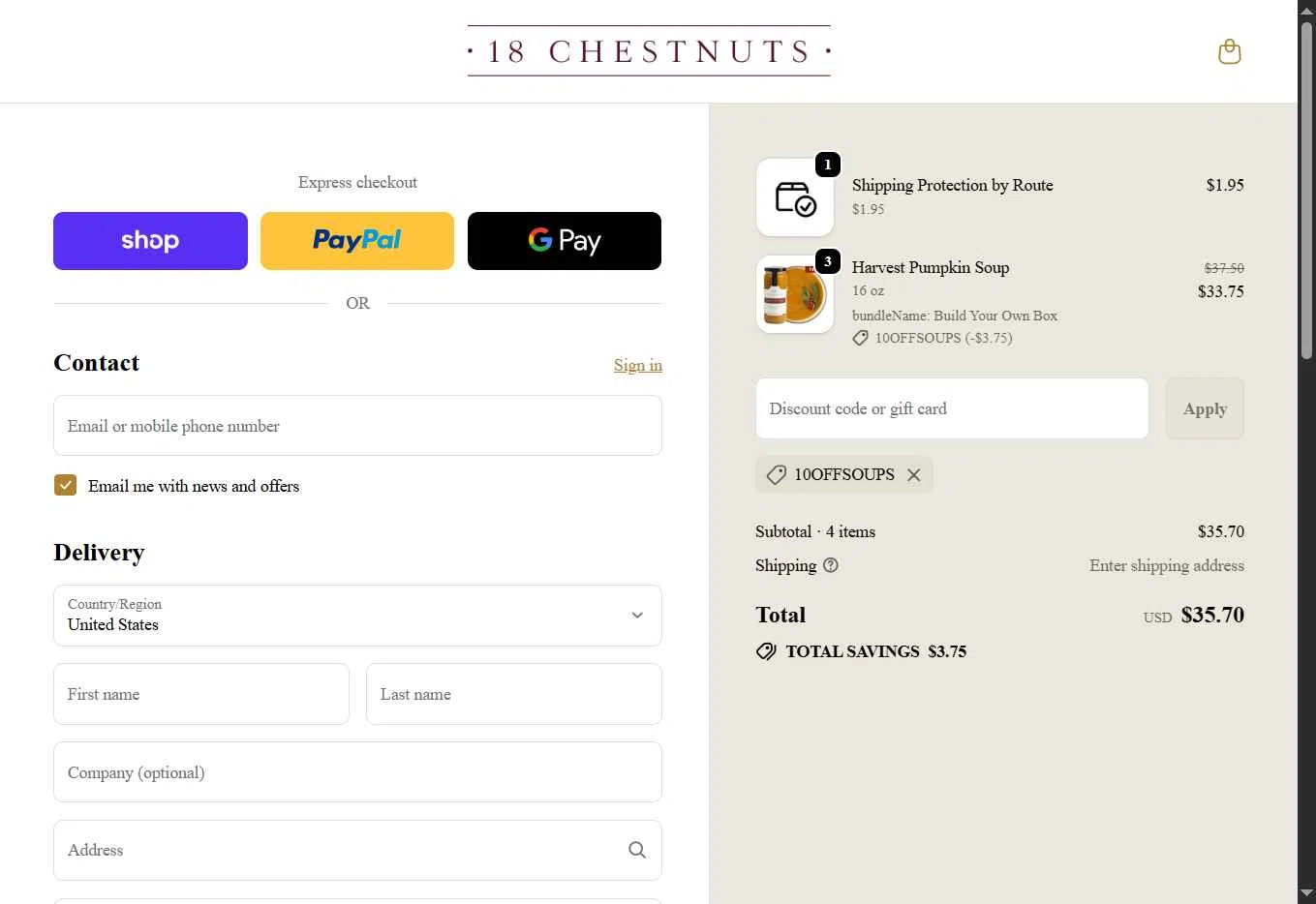 18 Chestnuts checkout page showing 18 Chestnuts coupon code box | Screenshot taken by SimplyCodes community member on Jan 8, 2026