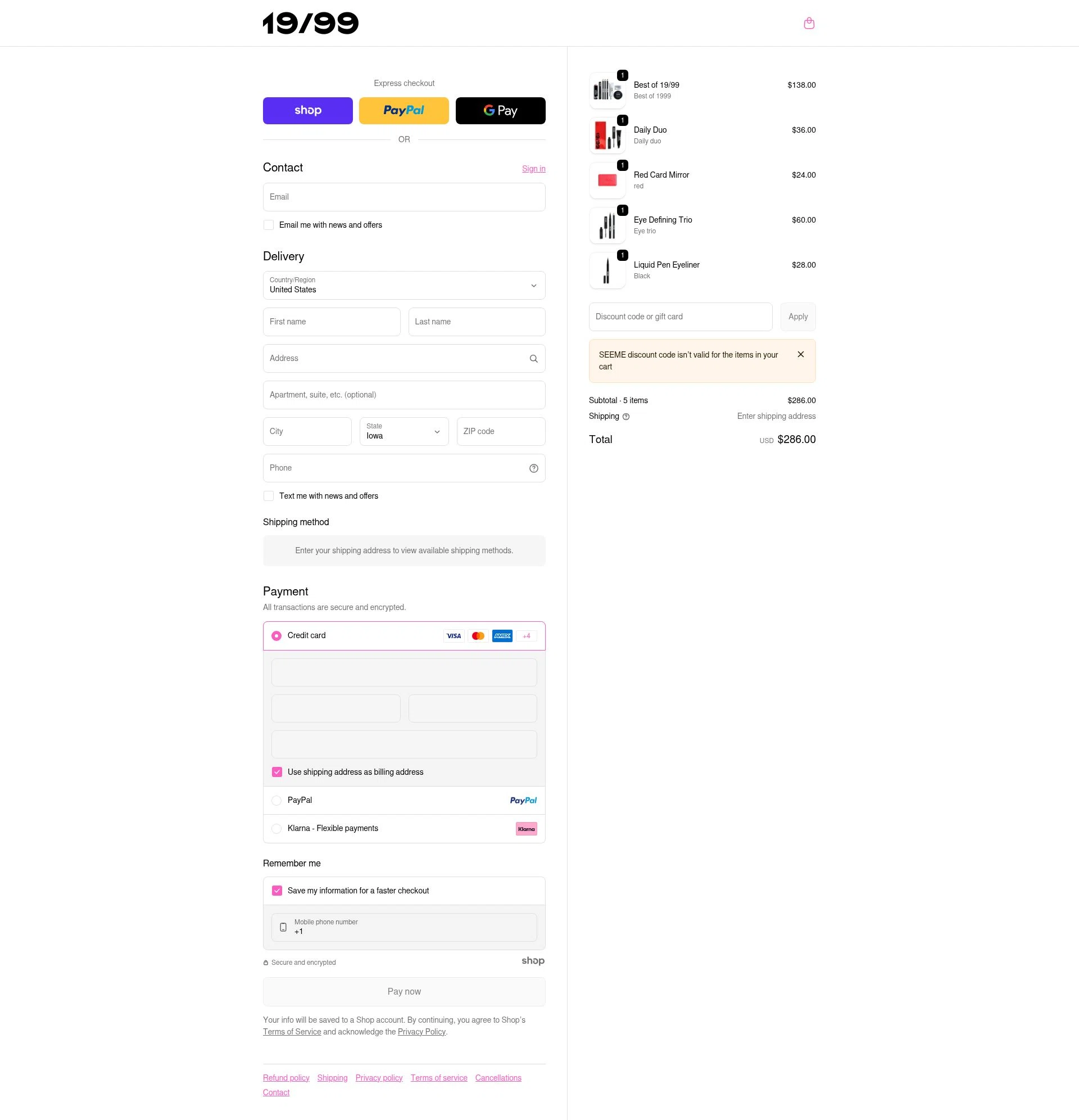 19/99 Beauty checkout page showing 19/99 Beauty promo code box | Screenshot taken by SimplyCodes community member on Jan 6, 2026