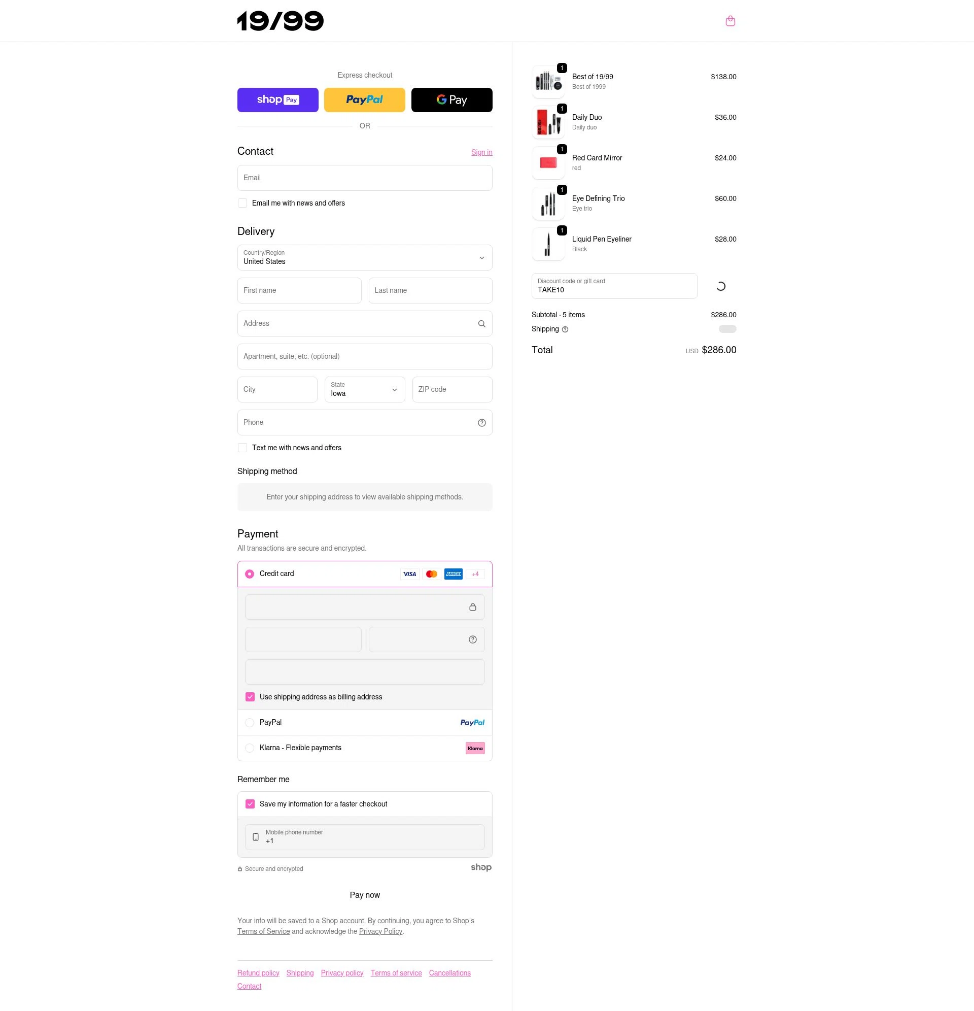 19/99 Beauty checkout page showing 19/99 Beauty promo code box | Screenshot taken by SimplyCodes community member on Jan 6, 2026