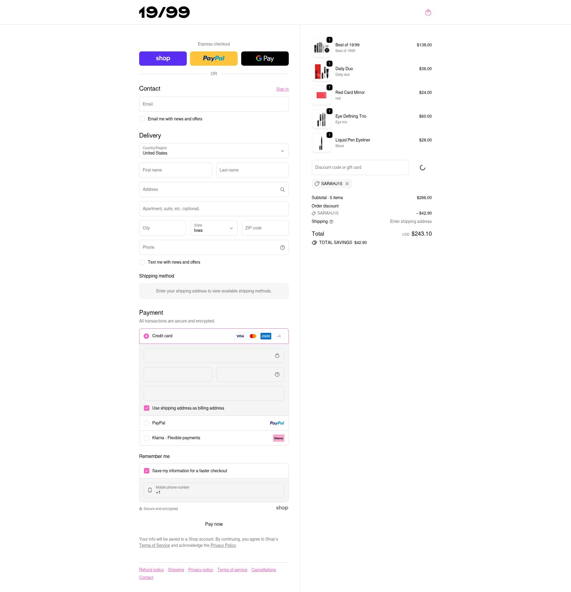19/99 Beauty checkout page showing 19/99 Beauty promo code box | Screenshot taken by SimplyCodes community member on Jan 6, 2026