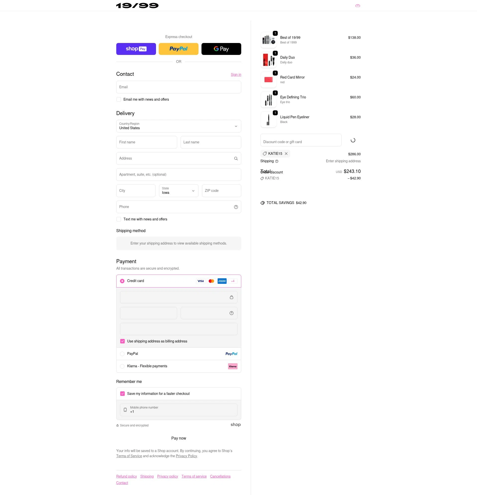 19/99 Beauty checkout page showing 19/99 Beauty promo code box | Screenshot taken by SimplyCodes community member on Jan 6, 2026