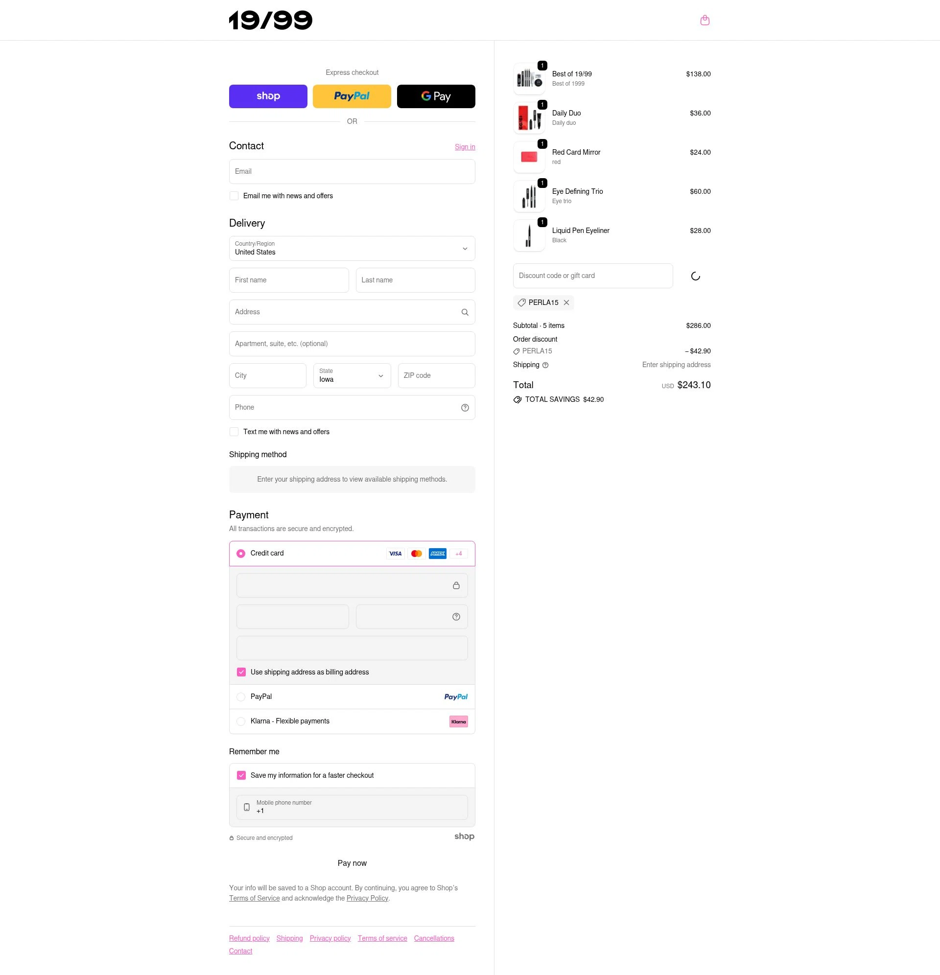 19/99 Beauty checkout page showing 19/99 Beauty promo code box | Screenshot taken by SimplyCodes community member on Jan 6, 2026