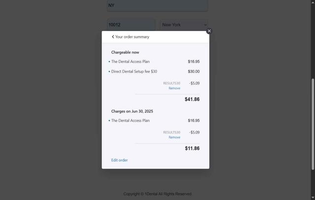 1Dental checkout page showing 1Dental promo code box | Screenshot taken by SimplyCodes community member on May 31, 2025