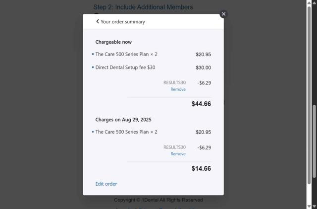 1Dental checkout page showing 1Dental promo code box | Screenshot taken by SimplyCodes community member on Jul 29, 2025
