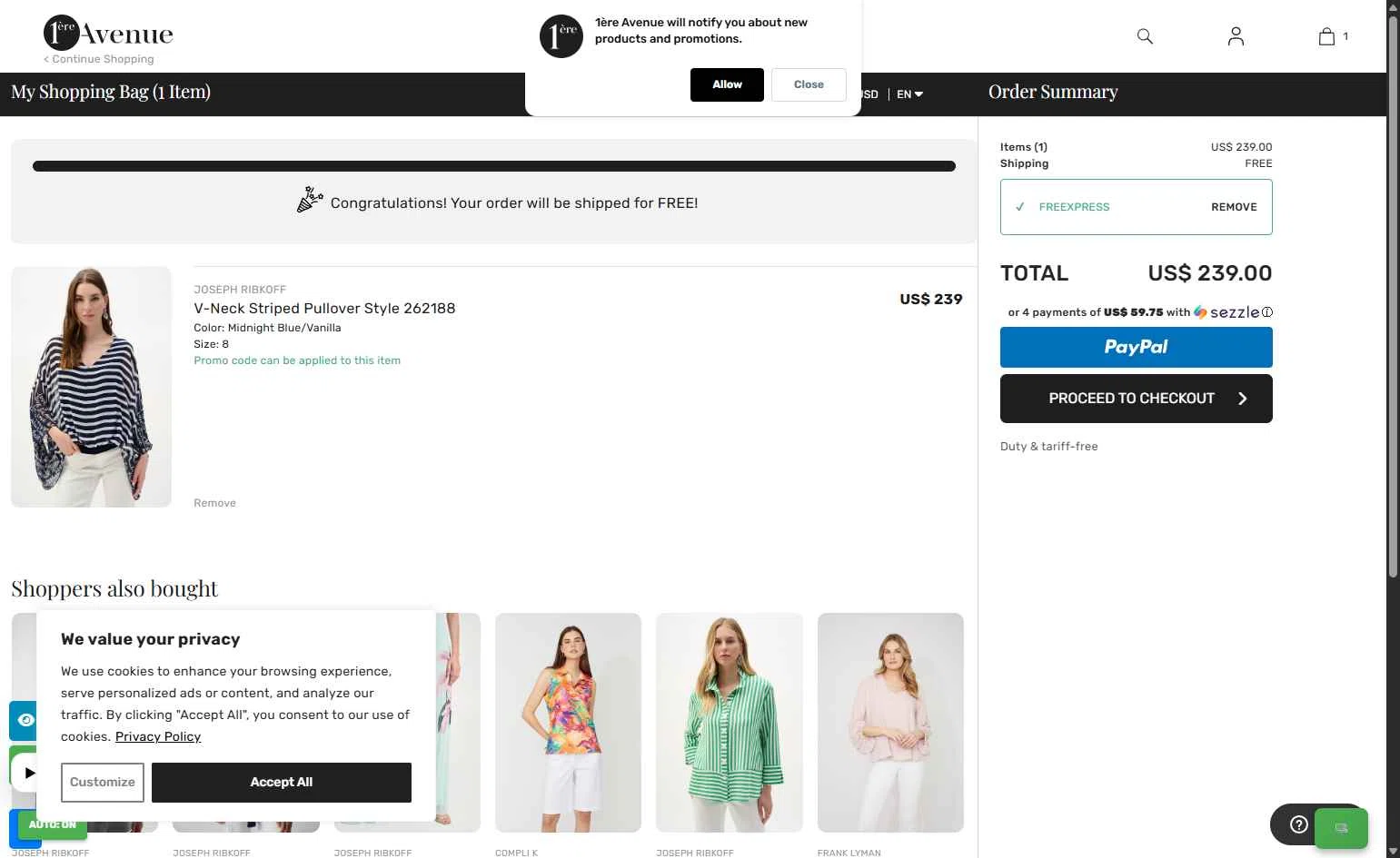 1ere Avenue checkout page showing 1ere Avenue discount code box | Screenshot taken by SimplyCodes community member on Feb 1, 2026