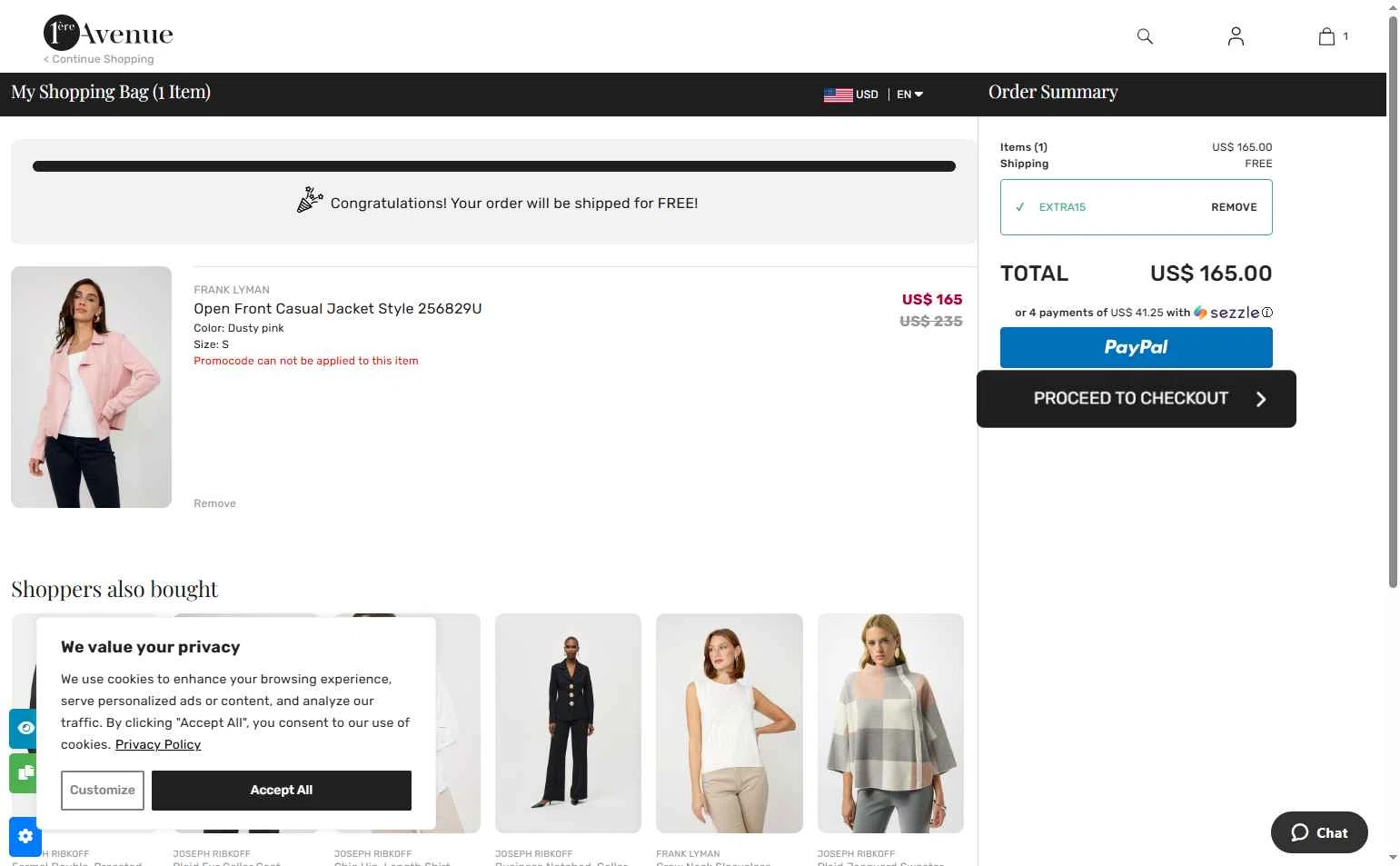 1ere Avenue checkout page showing 1ere Avenue discount code box | Screenshot taken by SimplyCodes community member on Aug 15, 2025