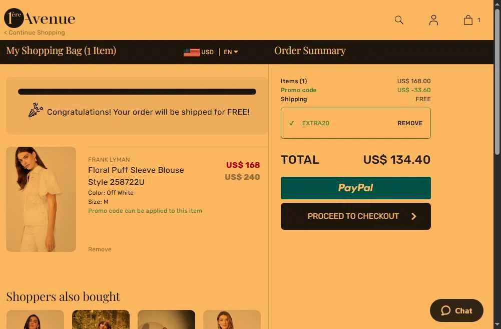 1ere Avenue checkout page showing 1ere Avenue discount code box | Screenshot taken by SimplyCodes community member on Sep 4, 2025