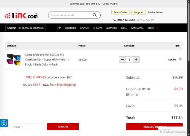 1ink.com checkout page showing 1ink.com promo code box | Screenshot taken by SimplyCodes community member on Jul 26, 2025