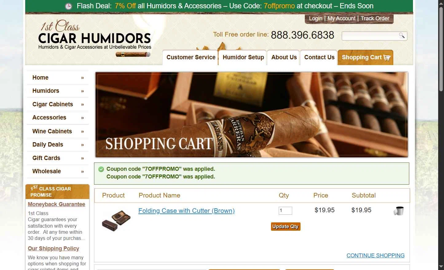 1st Class Cigar Humidors checkout page showing 1st Class Cigar Humidors promo code box | Screenshot taken by SimplyCodes community member on Oct 23, 2025