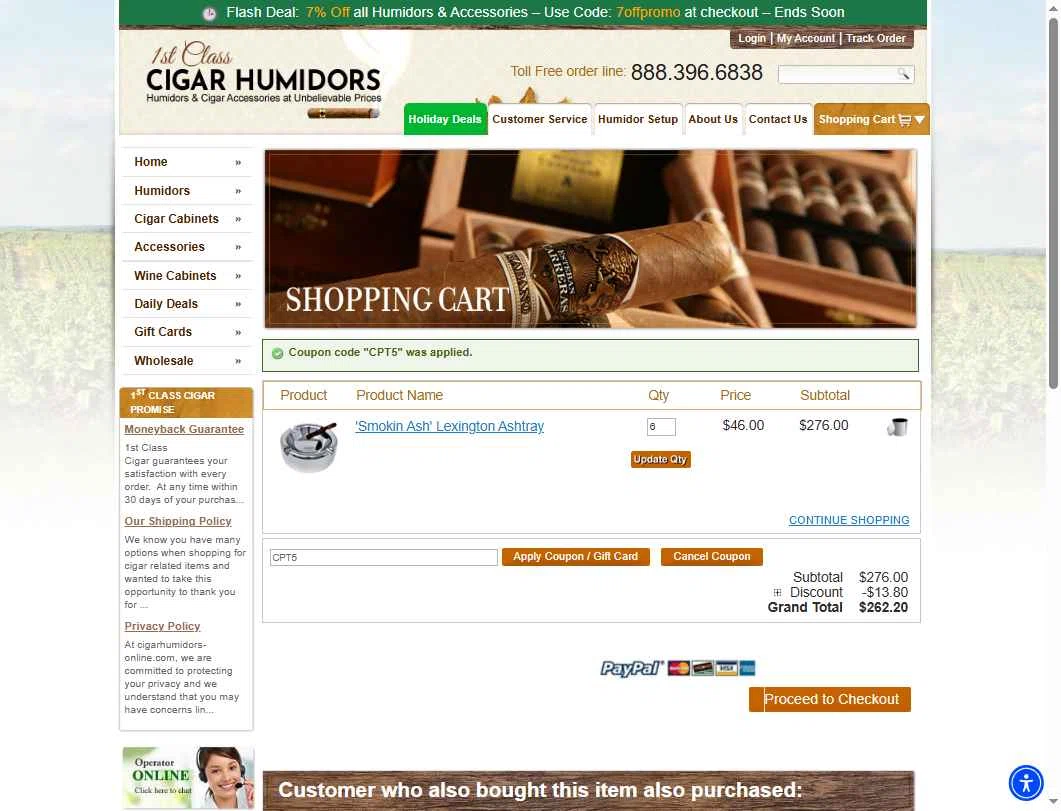 1st Class Cigar Humidors checkout page showing 1st Class Cigar Humidors promo code box | Screenshot taken by SimplyCodes community member on Nov 21, 2025