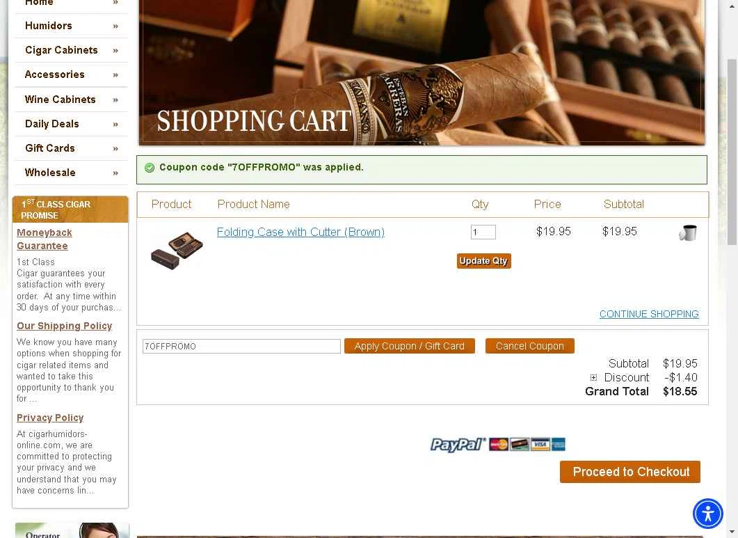 1st Class Cigar Humidors checkout page showing 1st Class Cigar Humidors promo code box | Screenshot taken by SimplyCodes community member on Oct 23, 2025
