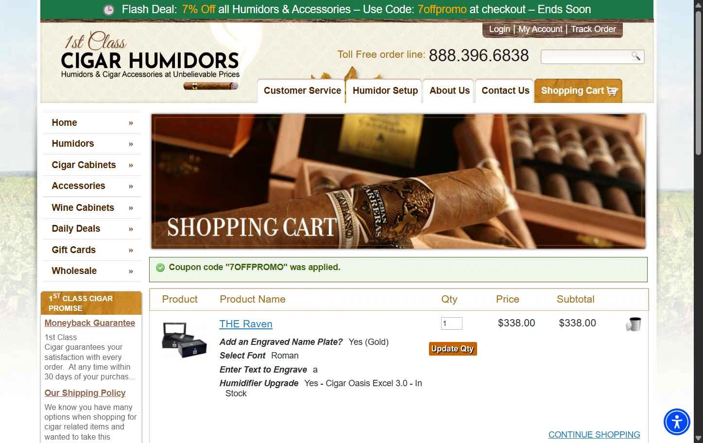 1st Class Cigar Humidors checkout page showing 1st Class Cigar Humidors promo code box | Screenshot taken by SimplyCodes community member on Oct 1, 2025