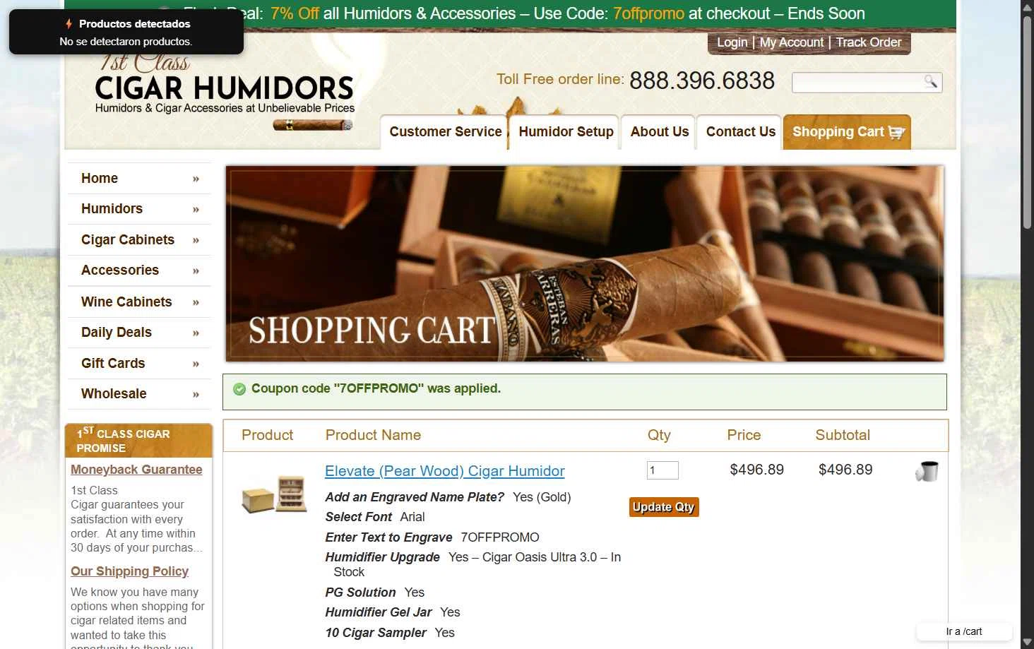 1st Class Cigar Humidors checkout page showing 1st Class Cigar Humidors promo code box | Screenshot taken by SimplyCodes community member on Nov 4, 2025