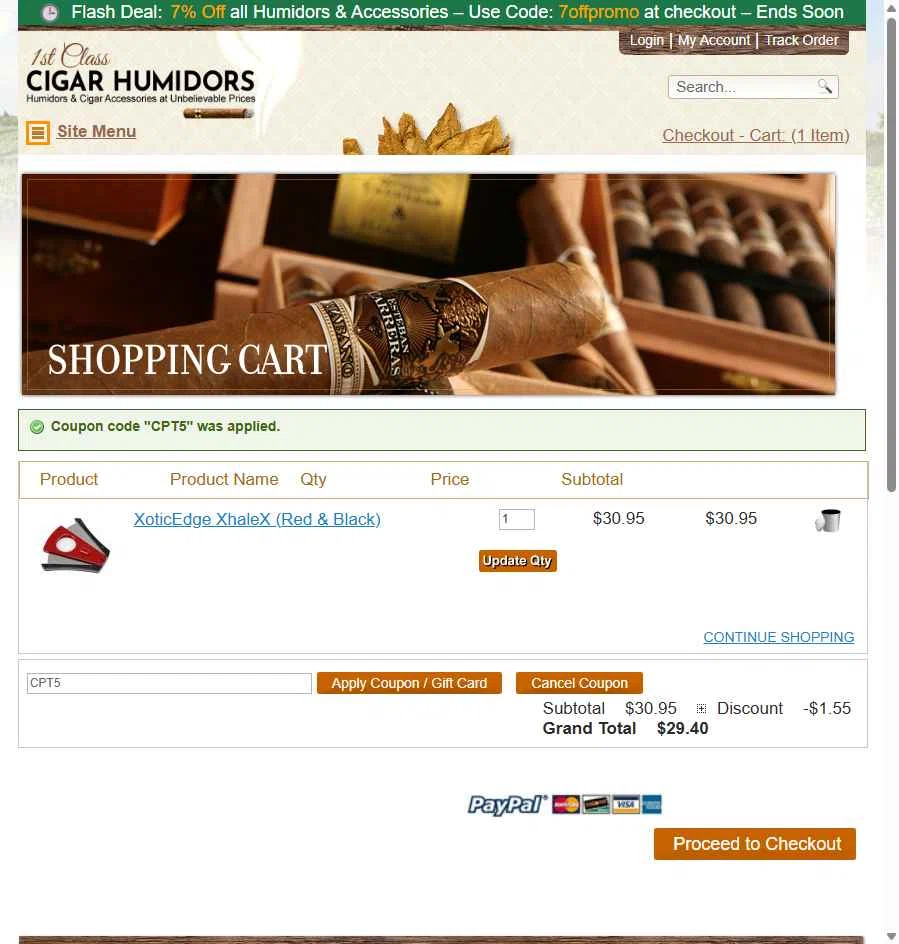 1st Class Cigar Humidors checkout page showing 1st Class Cigar Humidors promo code box | Screenshot taken by SimplyCodes community member on Oct 7, 2025