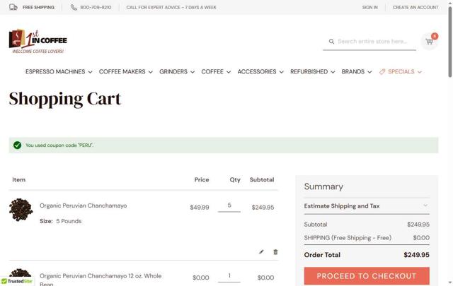 1st In Coffee checkout page showing 1st In Coffee promo code box | Screenshot taken by SimplyCodes community member on May 3, 2025