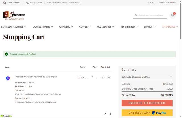 1st In Coffee checkout page showing 1st In Coffee promo code box | Screenshot taken by SimplyCodes community member on Jun 20, 2025