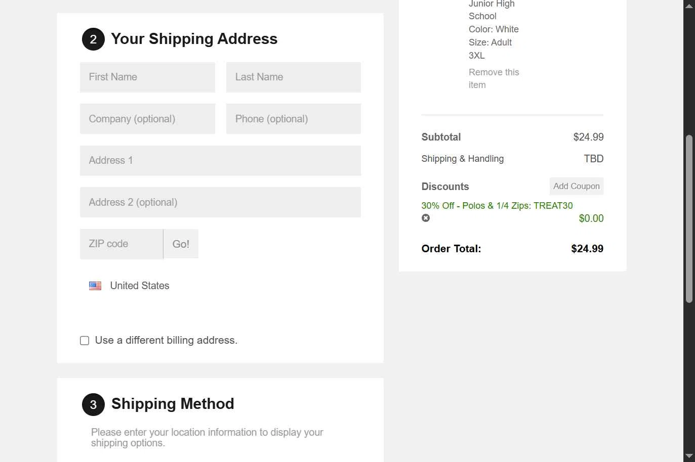 1st Place Spiritwear checkout page showing 1st Place Spiritwear coupon code box | Screenshot taken by SimplyCodes community member on Oct 31, 2025