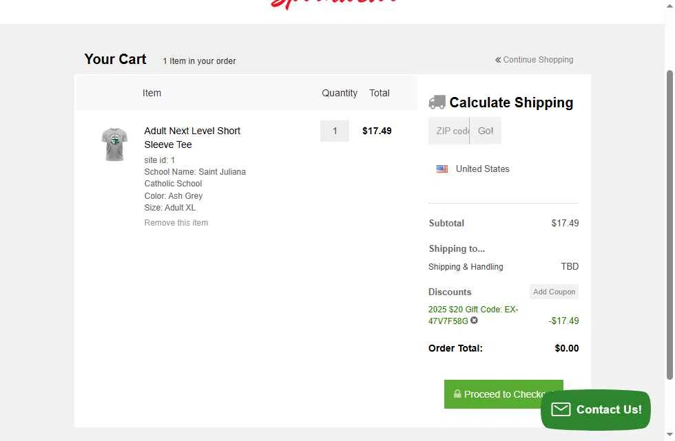 1st Place Spiritwear checkout page showing 1st Place Spiritwear coupon code box | Screenshot taken by SimplyCodes community member on Dec 10, 2025