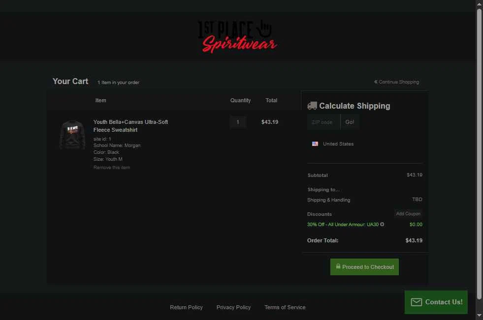 1st Place Spiritwear checkout page showing 1st Place Spiritwear coupon code box | Screenshot taken by SimplyCodes community member on Nov 17, 2025